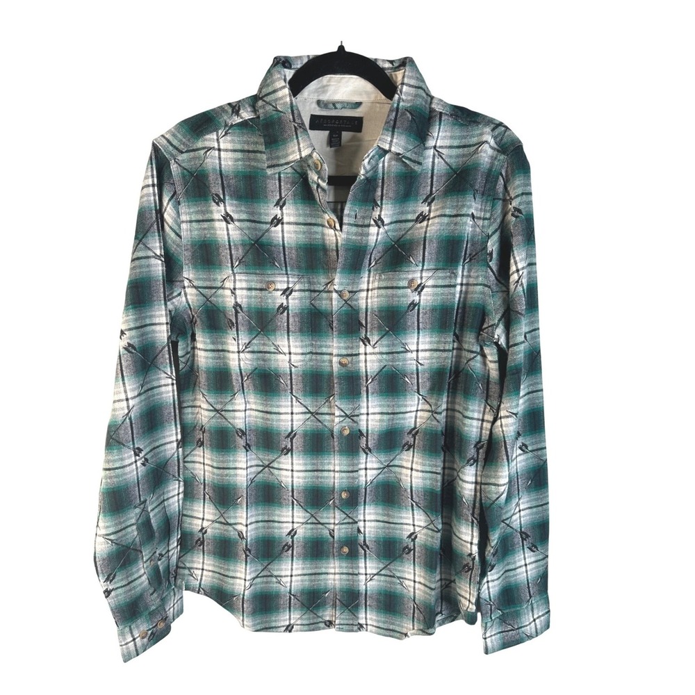 Aeropostale Men's Green Arrow Print Plaid Flannel Button Down Shirt Size Small